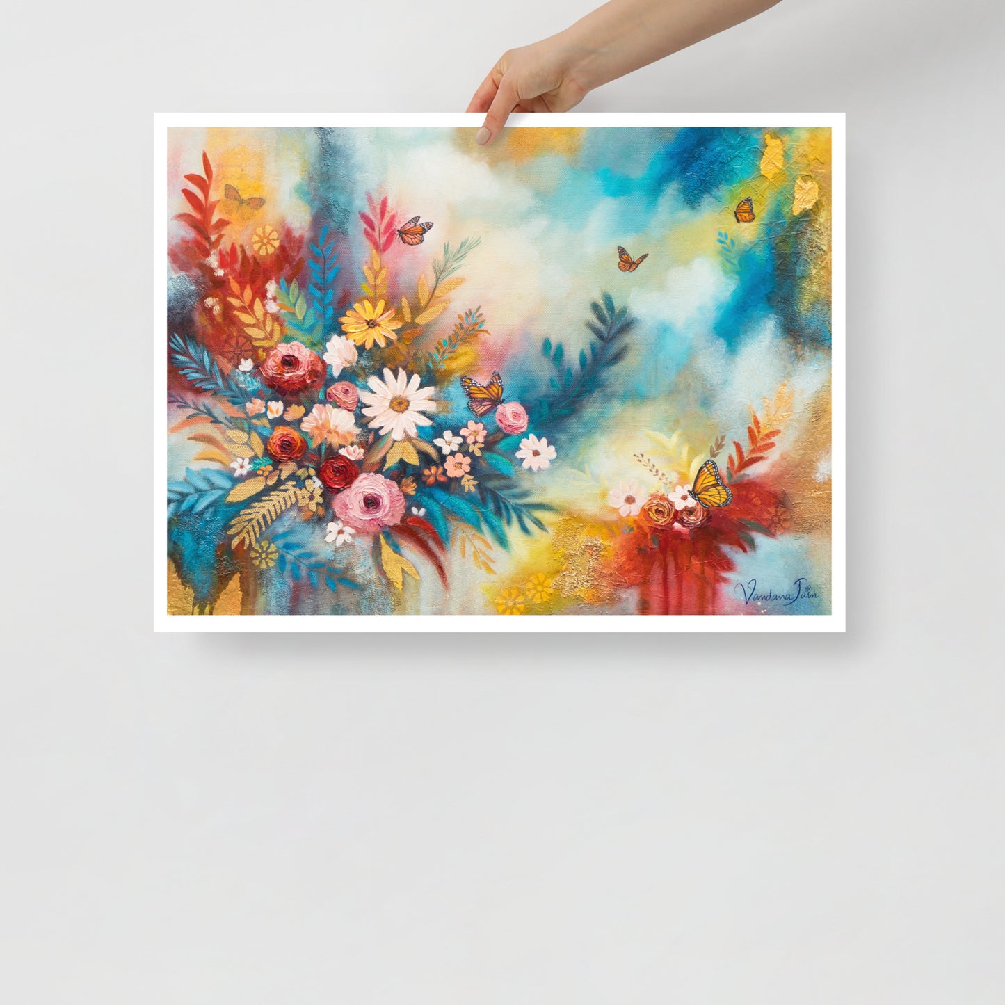Abstract floral print with butterflies on matte paper