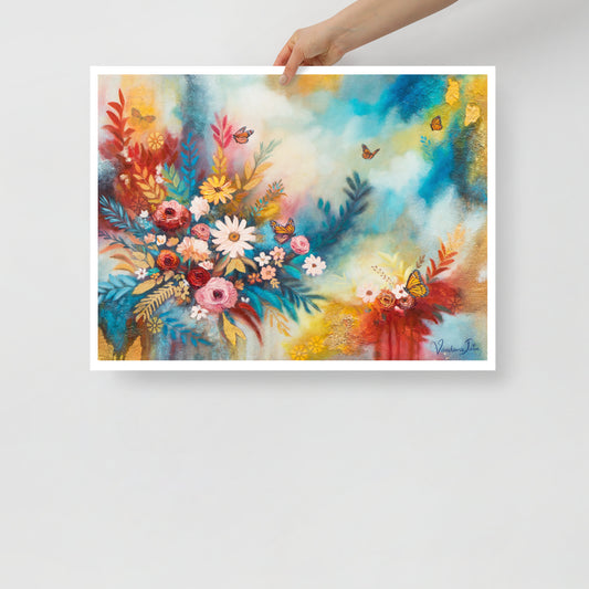 Abstract floral print with butterflies on matte paper